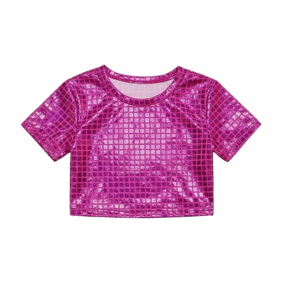 Huowey Shirt For Girls Shine Sequins Shirts Crop Top Short Sleeve Round Neck Carnival Performance Glitter Sequin Stretch Tee Dancewear Fitted Blouse,Hot Pink,3-4 Years