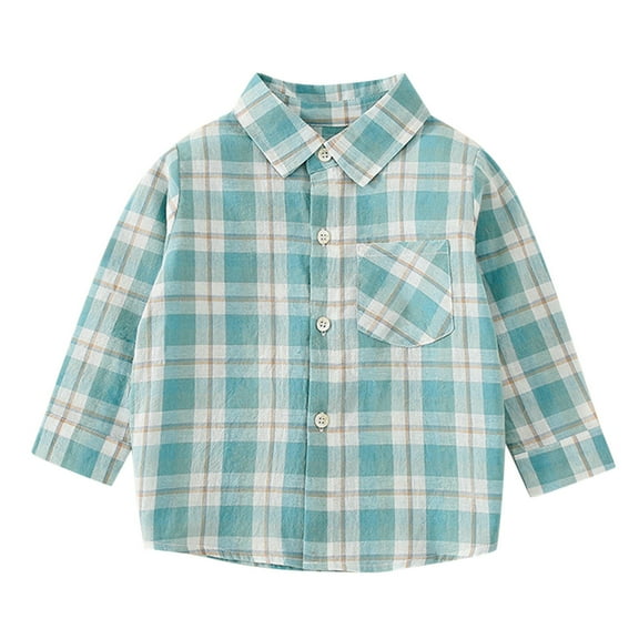Huowey Shirts Boys Classic Plaid T-Shirts Button Down Long Sleeve School Uniform Tee Soft Leisure Spring Fall Clothing,Green,5-6 Years