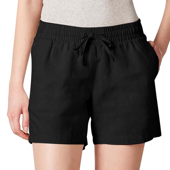 Huowey Shorts For Women Straight Leg Casual Linen Pants Drawstring Elastic Waist Sports Loose Shorts With Pockets Solid Color Summer Casual Fashion Breathable Shorts Dailywear,Black,L