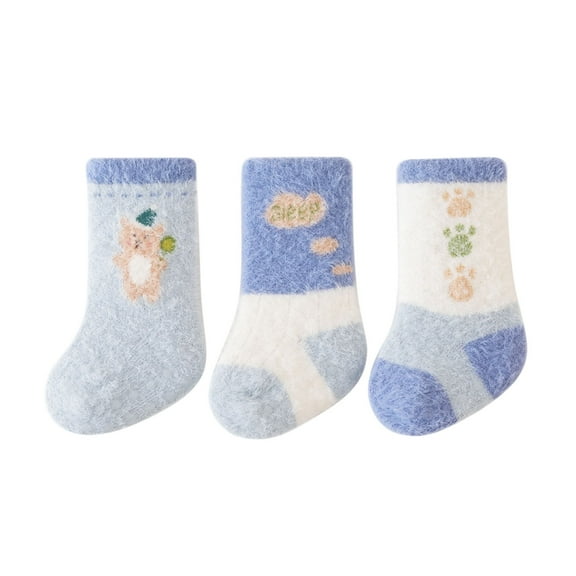 Huowey Socks For Girls Winter Thickened Warm Fuzzy Socks First Walking Shoes Floor Ankle Socks 3D Lovely Cartoon Pattern Slipper Socks,Blue,6 -12 Months