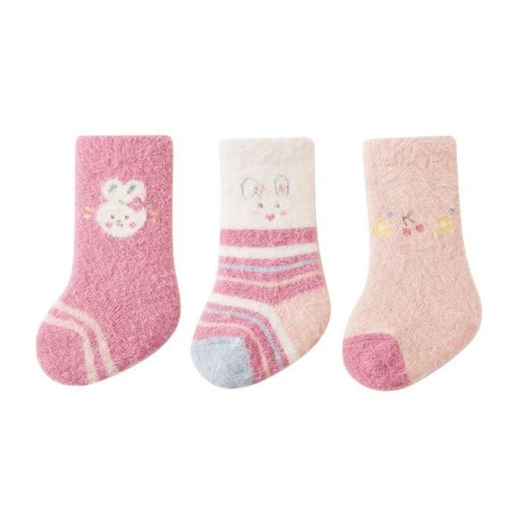 Huowey Socks For Girls Winter Thickened Warm Fuzzy Socks First Walking Shoes Floor Ankle Socks 3D Lovely Cartoon Pattern Slipper Socks,Pink,18 -24 Months