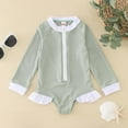 thumbnail image 1 of Huowey Summer Toddler Girls Long Sleeve Swimsuit Zip Up Solid Color Ruffles Trim Ribbed One-Piece Swimwear Rash Guard Uv Protection Upf 50+ Beach Onesie Bikini Bathing Suit,Green,3-4 Years, 1 of 7