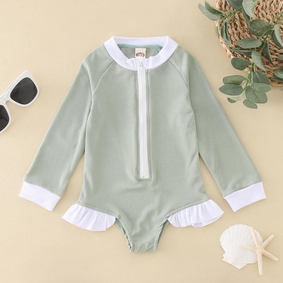 Huowey Summer Toddler Girls Long Sleeve Swimsuit Zip Up Solid Color Ruffles Trim Ribbed One-Piece Swimwear Rash Guard Uv Protection Upf 50+ Beach Onesie Bikini Bathing Suit,Green,3-4 Years