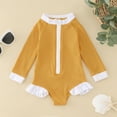thumbnail image 1 of Huowey Summer Toddler Girls Long Sleeve Swimsuit Zip Up Solid Color Ruffles Ribbed One-Piece Swimwear Rash Guard Uv Protection Upf 50+ Beach Onesie Bikini Bathing Suit,Yellow,12-18 Months, 1 of 6