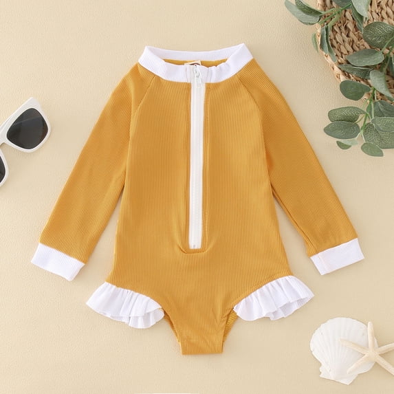 Huowey Summer Toddler Girls Long Sleeve Swimsuit Zip Up Solid Color Ruffles Ribbed One-Piece Swimwear Rash Guard Uv Protection Upf 50+ Beach Onesie Bikini Bathing Suit,Yellow,12-18 Months