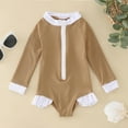 thumbnail image 1 of Huowey Summer Toddler Girls Long Sleeve Swimsuit Zip Up Solid Color Ruffles Ribbed One-Piece Swimwear Rash Guard Uv Protection Upf 50+ Beach Onesie Bikini Bathing Suit,Brown,18-24 Months, 1 of 5
