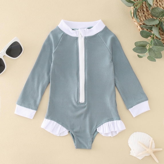 Huowey Summer Toddler Girls Long Sleeve Swimsuit Zip Up Solid Color Ruffles Trim Ribbed One-Piece Swimwear Rash Guard Uv Protection Upf 50+ Beach Onesie Bikini Bathing Suit,Grey,4-5 Years