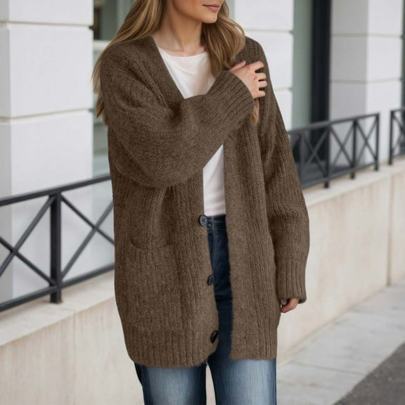 Huowey Sweaters For Women Sweater Long Cardigan Soft V-Neck Long Sleeve Button Down Wool Coat Jacket Open Front Oversized Knitted Sweater Casual Sweater Clothes Trendy Outfits,Coffee,S