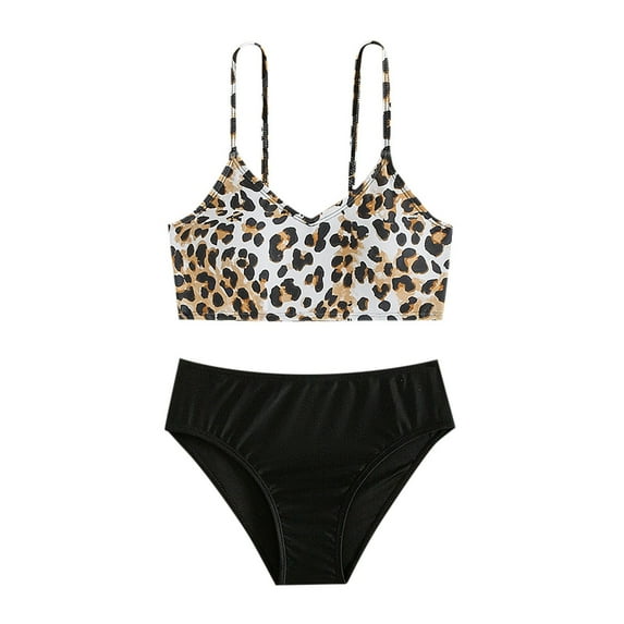 Huowey Swimsuit 2 Piece Bikini Sets Leopard Print Spaghetti Strap Top And Hipster Bikini Outfits Beach Swimwear,Black,9-10 Years