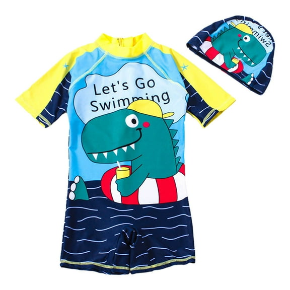 Huowey Swimsuit For Boys Cartoon Dinosaur Printed Two Piece Swimwear Patchwork Short Sleeve Onesize Jumpsuit With Hat Outfits Pool Beach Travel Swimwaer Holiday,Yellow,7-8 Years