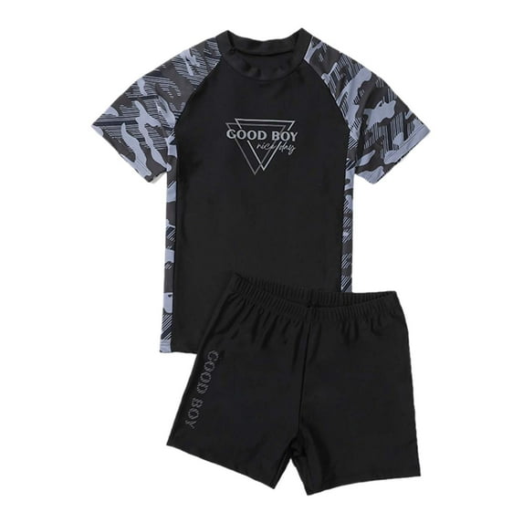 Huowey Swimsuit For Boys Patchwork Swimwear Set Camouflage Letter Print Shirt Trunks 2 Piece Outfit For Teens Pool Beach Travel Swimwaer Holiday,Grey,6-7 Years