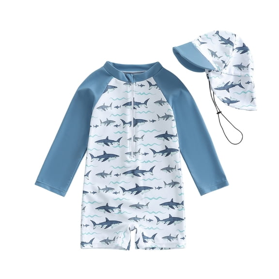 Huowey Swimsuit For Boys 2 Piece Swimsuit Full Zip Floral Print Long Sleeve Rash Guard Onesize Bodysuit With Hat Cozy Beach Swimwear,Grey,3-4 Years