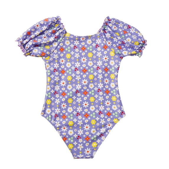 Huowey Swimsuit One Piece Swimwear Floral Print Round Neck Short Ruffle Sleeve Bikini Swimsuit Pool Beach Travel Swimwaer Holiday,Purple,9-10 Years