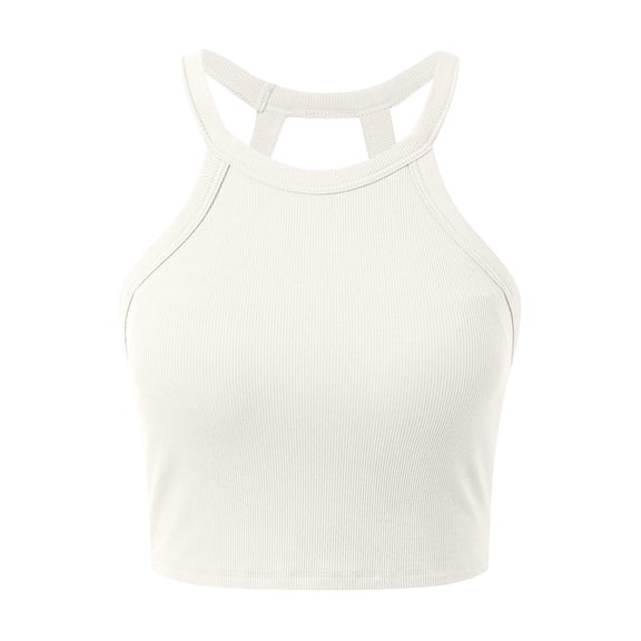 Huowey Tank Top For Women Solid Color Halter Neck Off The Shoulder Slim Fit Fashionable Backless Knitted Ribbed Tube Crop Tops Strapless Bandeau Breathable Trendy Camisole Streetwear,White,L