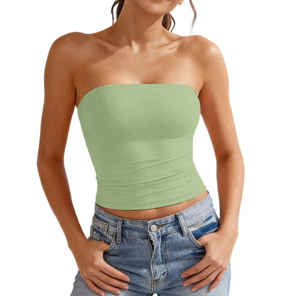 Huowey Tank Top For Women Solid Color Off The Shoulder Slim Fit Fashionable Backless Knitted Ribbed Tube Crop Tops Strapless Bandeau Breathable Trendy Camisole Streetwear,Light Green,XL