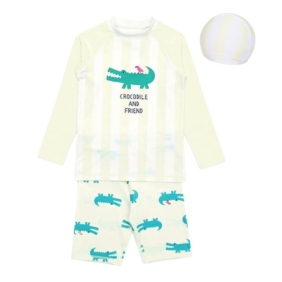 Huowey Boys 3 Piece Swimsuits Rash Guard Raglan Sleeve Striped Cute Cartoon Pattern Long Sleeve Shirts Tops And Elastic Waist Shorts Trunks Swimwear Outfits Bathing Suit,Yellow,9-10 Years