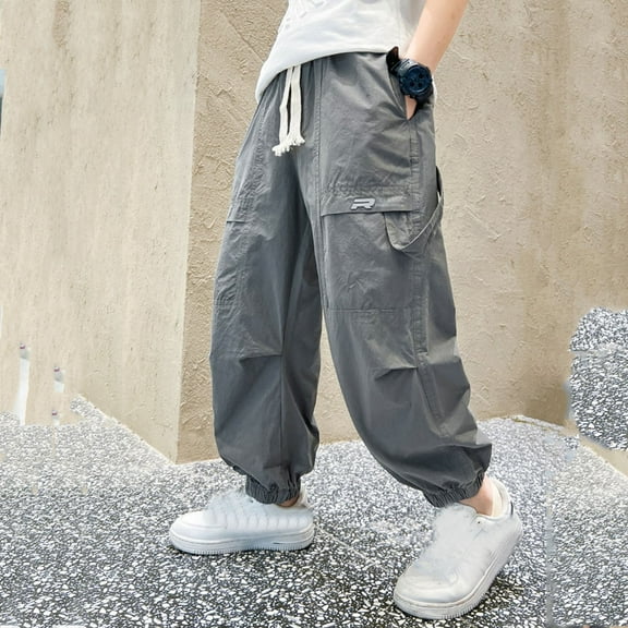 Huowey Teens Cargo Pants Classic Elastic Waist Drawstring Trousers Wide Leg Ankle-Tied Comfortable Casual Joggers With Multiple Pockets Fashion Pants Outwear,Grey,6-7 Years