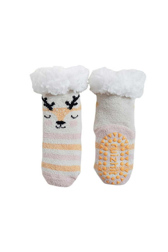 Teens Socks Cute Christmas Tree Deer Animal Cartoon Print Fuzzy Wool Thick Winter Warm Slipper Socks Anti- Soft Comfy Breathable Boot Crew Socks,Pk2,2-4 Years