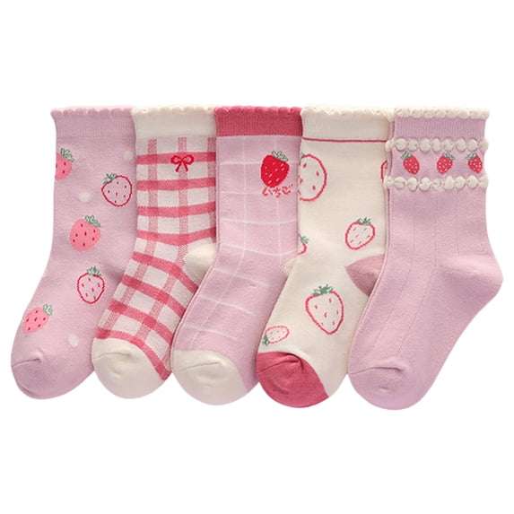 Huowey Socks Ruffle Breathable Soft Ankle Socks Cute Cartoon Print Strawberry Flower Plaid Pattern Striped 5 Pairs Cute Socks,Pink,2-5 Years