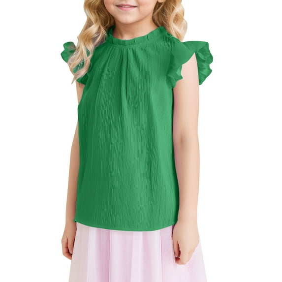 Huowey Toddle Girls Solid Color Shirts Ruffled Short Sleeve Round Neck Loose Fit Fashion Casual Pleated Cute Texture Shirt Pullover Holiday Blouse Tank Tops Truck dailywear,Green,11-12 Years