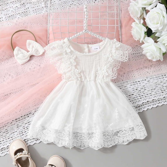 Huowey Toddler Baby Dresses Outfits Lace Trim Ruffles Sleeveless Crewneck High Waist A-Line Flower Embroidery Mesh Tutu Mif Dress With Headband Holiday Party Wedding Solid Color Sets,White,3-6 Months