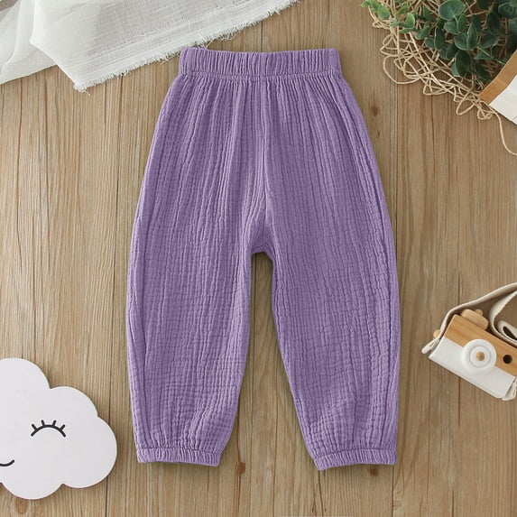 Huowey Toddler Baby Girls Pants Summer Solid Colro Textured Elastic Loose Wide Leg Ankle-Tied Trousers Fashion Breathable Lightweight Soft Cozy Harem Bloomers Casual Joggers,Purple,12-18 Months