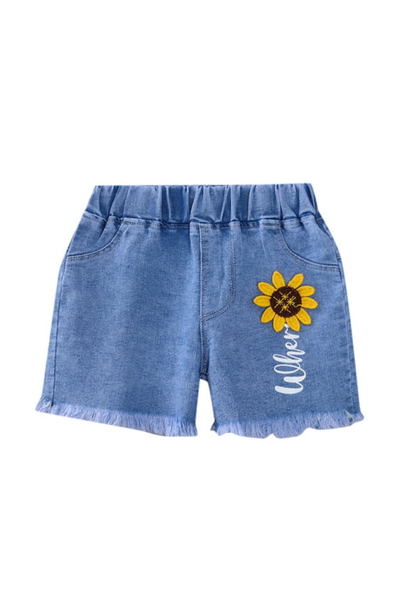 Toddler Baby Girls Summer Denim Shorts Cute Strawberry Embroidery Elastic Waistband Short Jeans Vintage ble Summer Ripped Distressed Wide Leg Shorts Stylish Streetwear,Yellow,18-24 Months