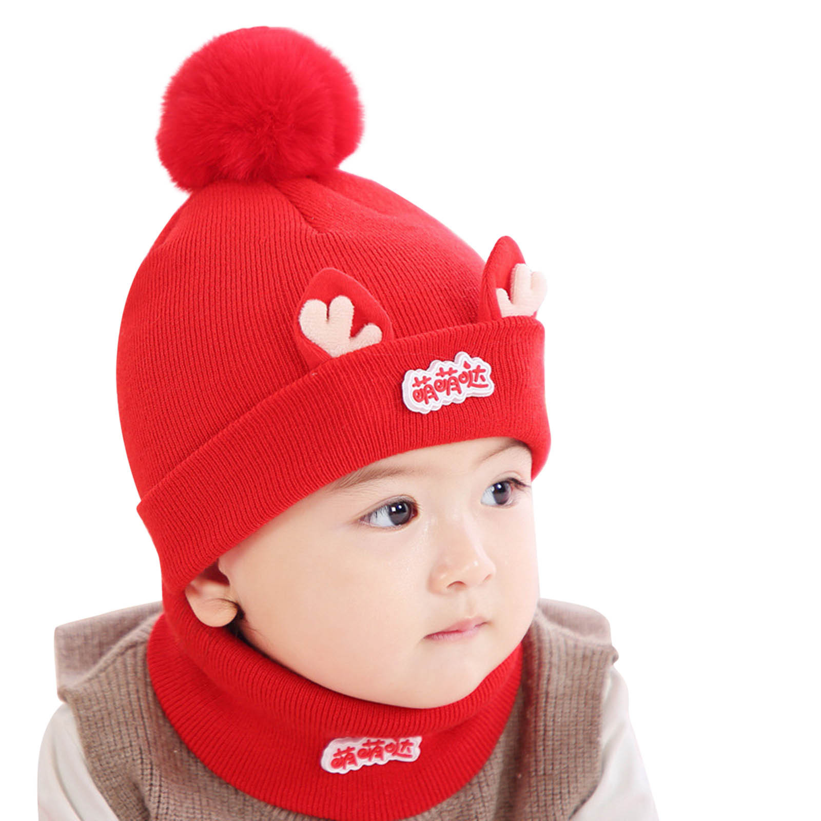 Huowey Toddler Baby Kids Boy Girl Pompom Hat Winter Warm Knit Bobble Beaniess Cartoon Cap Scarf Set Boho Dailywear, One Size