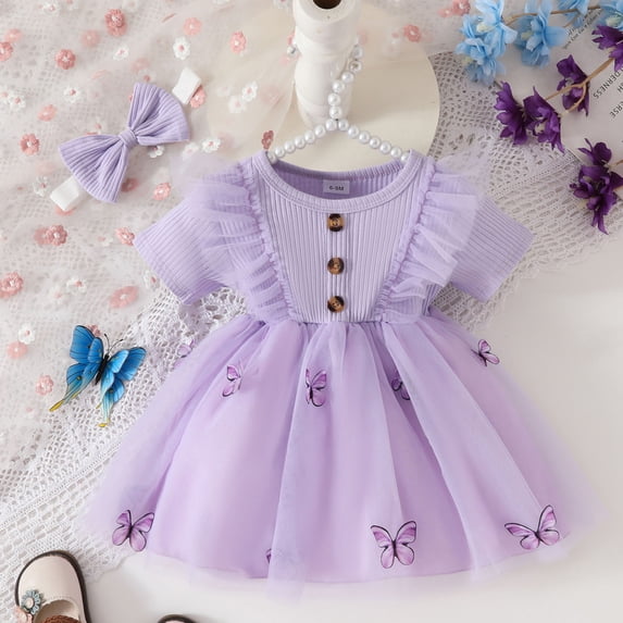 Huowey Toddler Baby Spring Dresses Outfits Floral Ruffles Short Sleeve Cute Bow Crewneck Ribbed High Waist A-Line Mesh Tutu Mif Dress Holiday Party Wedding Solid Color Sets,Purple,18-24 Months