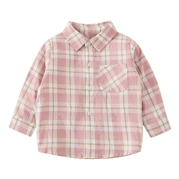 Huowey Toddler Basic Tops Boys Classic Plaid T-Shirts Button Down Long Sleeve School Uniform Tee Soft Leisure Fashion Outwear Clothing,Pink,12-18 Months