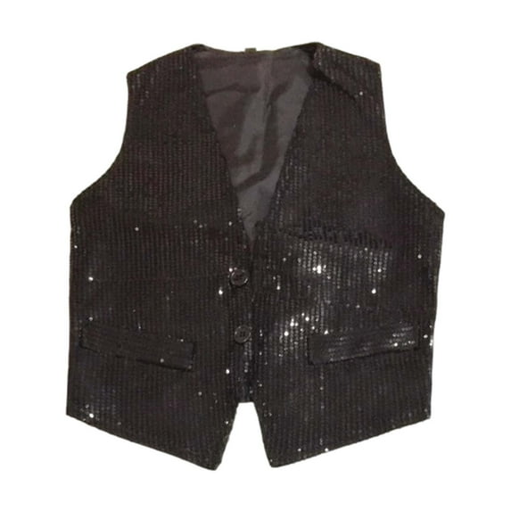 Huowey Toddler Basic Tops Carnival Sparkling Sequins Vest V-Neck Sleeveless Button Waistcoat Stage Performance Shiny Glitter Jacket Fashion Outwear Clothing,Black,5-6 Years