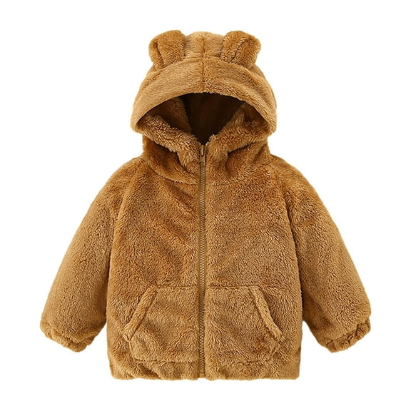 Huowey Toddler Boys Coat Cute Hoodie Long Sleeve Jacket Zip Up Wool Fuzzy Winter Warm Sweatshirt Coat With Pocket Streetwear,Brown,18-24 Months