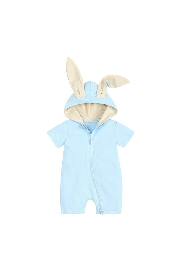 Toddler Boys Girls Solid Zipper Hooded Rabbit Bunny Casual Romper Jumpsuit Playsuit Sunsuit Clothes 18M