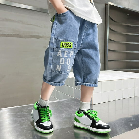 Huowey Toddler Boys Jean Shorts Cartoon Print Spring Summer High Waist Denim Shorts Casual Vintage Ripped Holes Jeans With Pockets Summer Breathable Trunks Streetwear Clothes,Blue,13-15 Years