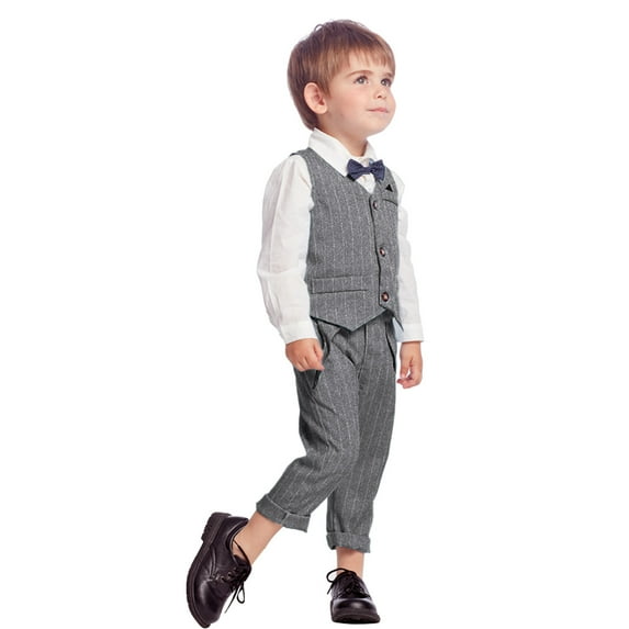 Huowey Toddler Boys Stylish Formal Suit Long Sleeve Button Down Dress Shirt Plaid V-Neck Vest Tops Pants Child Kids Wedding Party Gentleman Tuxedo Outfits Sets,Grey,12-18 Months