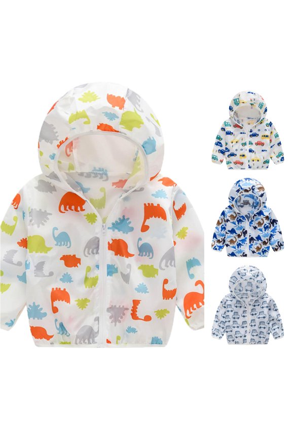 Toddler Boys Summer Fall Sunscreen Jackets Funny Cartoon Dinosaur Printing Full Zip Up Hooded Outerwear Lightweight Thin Windproof Holiday Vacation Beach Coats Outwear,Red,2 Years