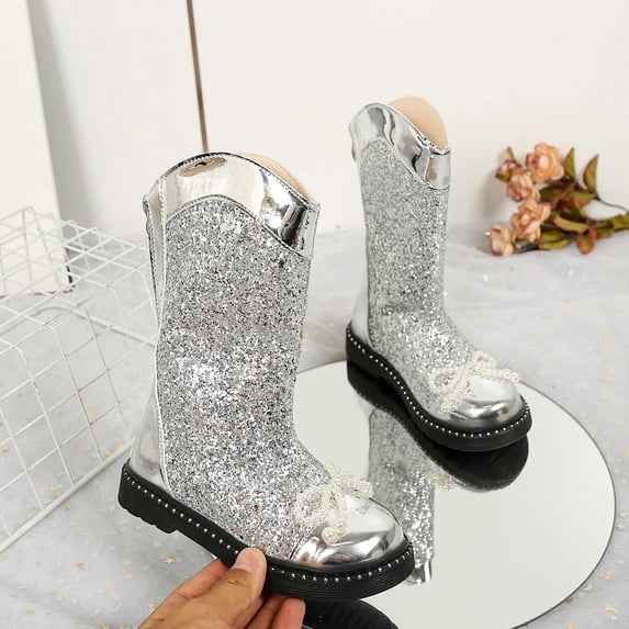 Huowey Toddler Children Shoes Sparkly Leather Waterproof Boots Winter Anti- Fashionable Lace Up Side Zipper Princess Ankle Booties Flat Footwear,Silver,4-4.5T