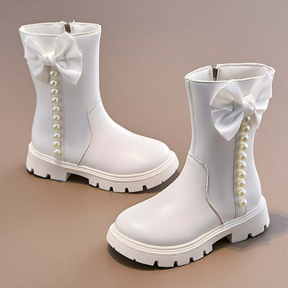 Huowey Toddler Children Shoes Sparkly Leather Waterproof Boots Winter Anti-Slip Fashionable Lace Up Side Zipper Princess Ankle Booties Flat Footwear,White,8-9T