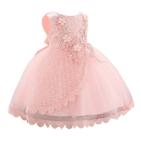 Huowey Toddler Formal Wedding Dresses Sleeveless Round Neck Floral Embroidery Solid Color Lace Trim Ruffle Tiered Birthday Elegant Party Gown Tutu Dress Flowy Skater Dress,Pink,12-18 Months