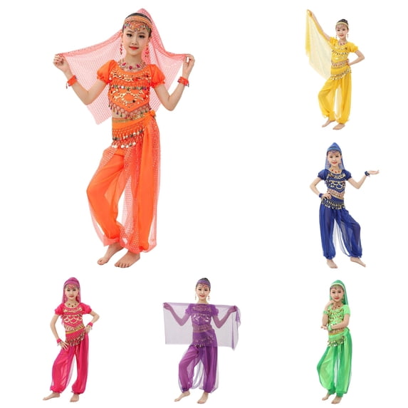 Huowey Toddler Girl Summer Outfits Belly Dancewear Short Sleeve Round Neck Cropped Solid Color Tops Shirts And Wide Leg Elastic Waist Mesh Trousers Breathable Stylish Clothes Sets,Orange,3-4 Years
