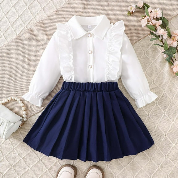 Huowey Toddler Girls 2 Piece Clothes Set Ruffle Long Sleeve Solid Color Lace Trim Blouse With Pleated Skirt Outfits For Girls School Uniform Casual Daily Wear,White,4-5 Years