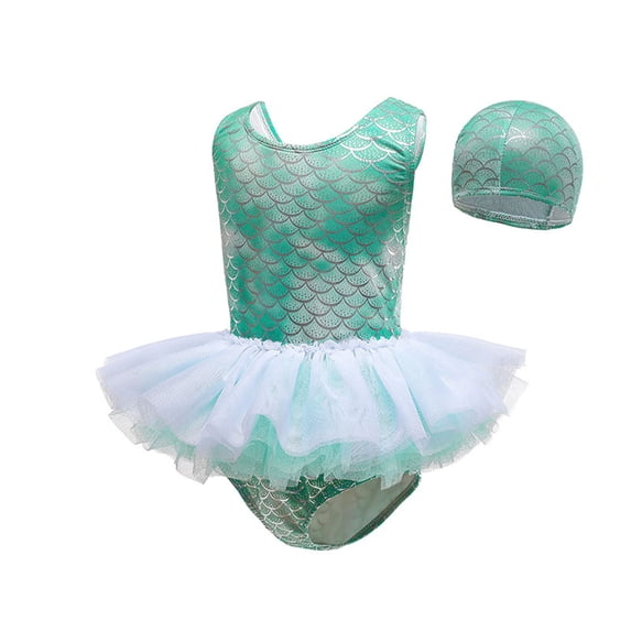 Huowey Toddler Girls 2 Piece Swimwear Tankini Set Gradient Sleeveless Round Neck Ruffled Tiered Mesh Tutu Skirts Swimsuit With Swim Cap Beachwear Fashionable Beach Pool Bathing Suit,Green,5-6 Years