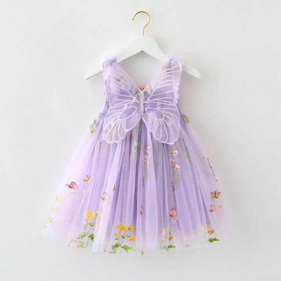 Huowey Toddler Girls Baby Sleeveless Princess Dresses V-Neck Smocked High Waist A-Line Floral Embroidery With Butterfly Wings Tiered Layered Tutu Tulle Dress Birthday Clothes,Light Purple,4-5 Years