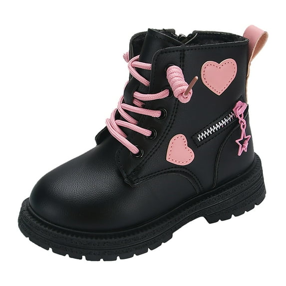 Huowey Toddler Girls Boots Ankle Boots Thick Soles Low Heels Solid Color Lace Up Shoes Side Zipper Non- Warm Comfortable For Girls Winter Printed Princess Shoes,Black,10.5-11T