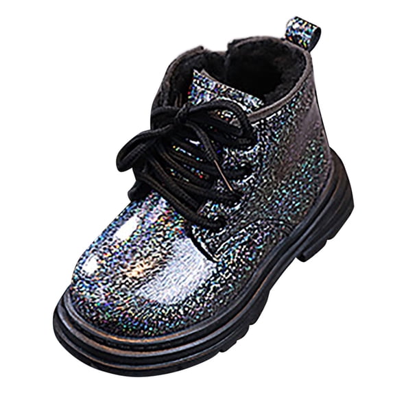 Huowey Toddler Girls Boots Combat Ankle Booties Waterproof Outdoor Shoes Solid Color Lace Up Side Zipper Comfort Ankle Boots For Winter Warm Footwear,Black,5-5.5T