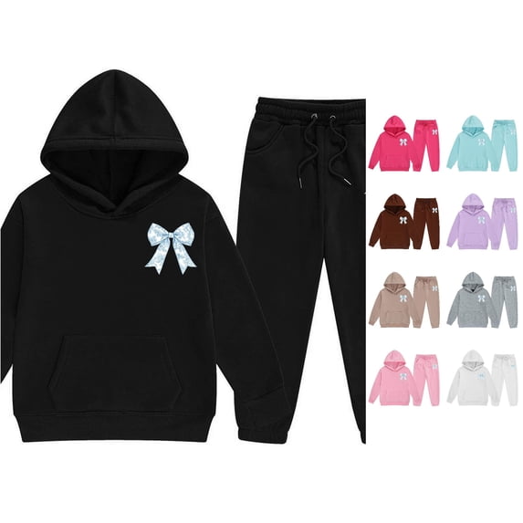 Huowey Toddler Girls Clothes Fall Outfits Long Sleeve Hoodie Sweatshirt And Pants 2 PC Set Elastic Waist Loose Fit Bow Graphic Winter School Outdoor Casual Everyday Wear Cute Outfit,Black,2-3 Years
