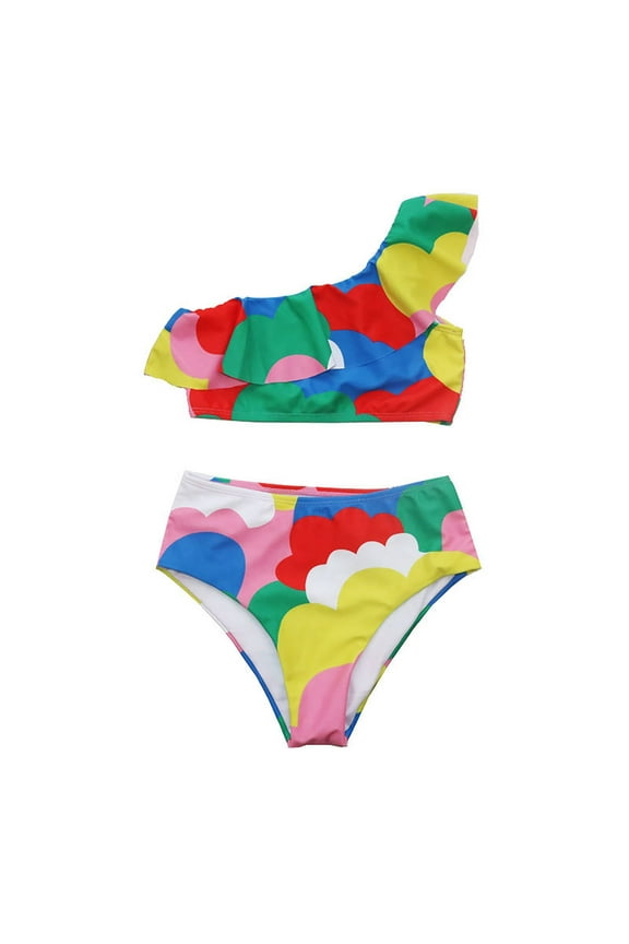 Toddler Girls Colorful Cloud Print Swimsuit Suit Summer One Shoulder Pleated Tops Shorts Suit 2PCS Outfits Sets Leisure Beachwear, 5-6Years