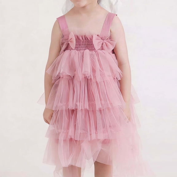Huowey Toddler Girls Dress Spaghetti Strap Smocked Sleeveless Bows Tiered Layered Solid Color High Waist Dresses Clothes,Pink,18-24 Months