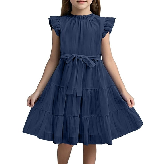 Huowey Toddler Girls Dresses Ruffle Sleeves Summer Dress Ruffle Neck Chiffon Dress Plain Children Dress Elegant A-Line Party Dress Kids Festive Dress With Belt 5-13 Years Leisure Dailywear, 150