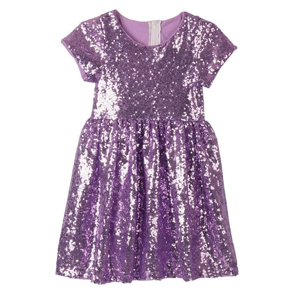 Huowey Toddler Girls Dresses Sequin Dress Party Solid Color Toddler Baby Princess Dresses Little Girls Short Sleeve Party Dress Wedding Gown Skirt,Purple,XXL